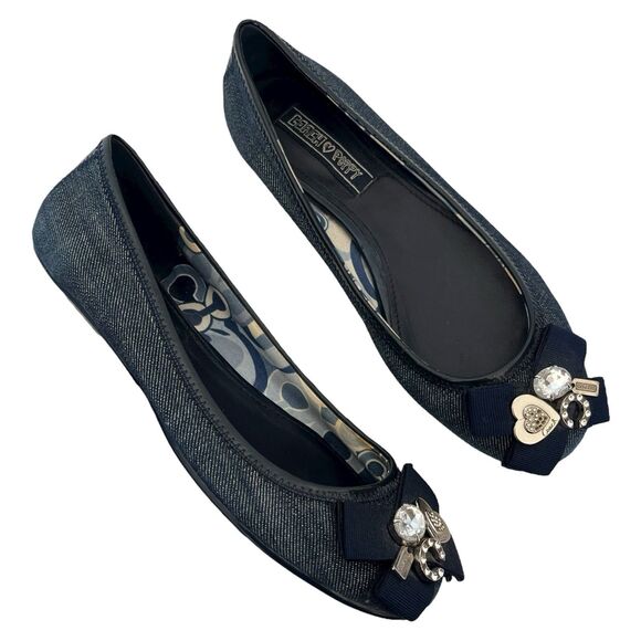 Coach Poppy Caper Ballet Flats 7 Blue Denim Bow Charms Preppy Office Ballerinas - Picture 1 of 12